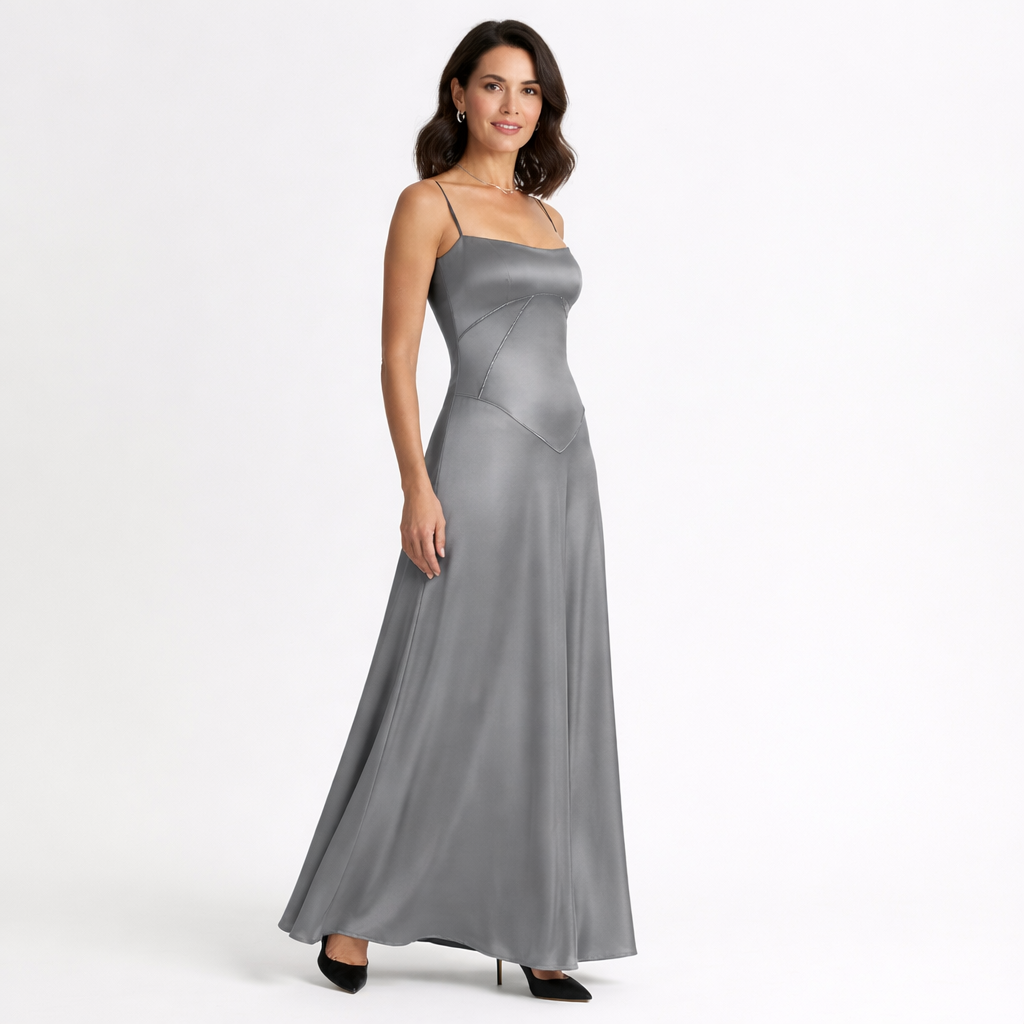 Sukienka maxi elegancka satynowa na ramiączkach rozkloszowana