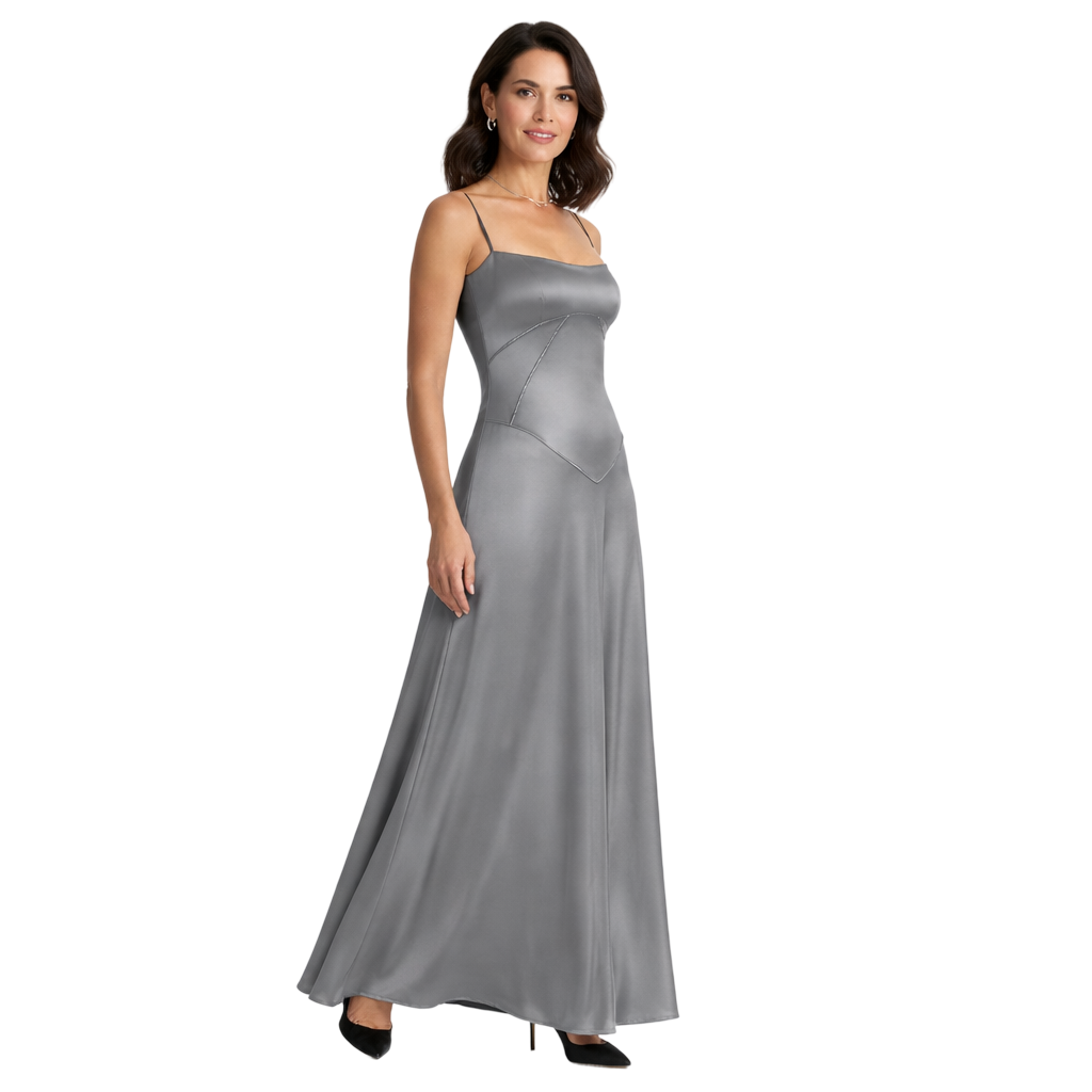 Sukienka maxi elegancka satynowa na ramiączkach rozkloszowana