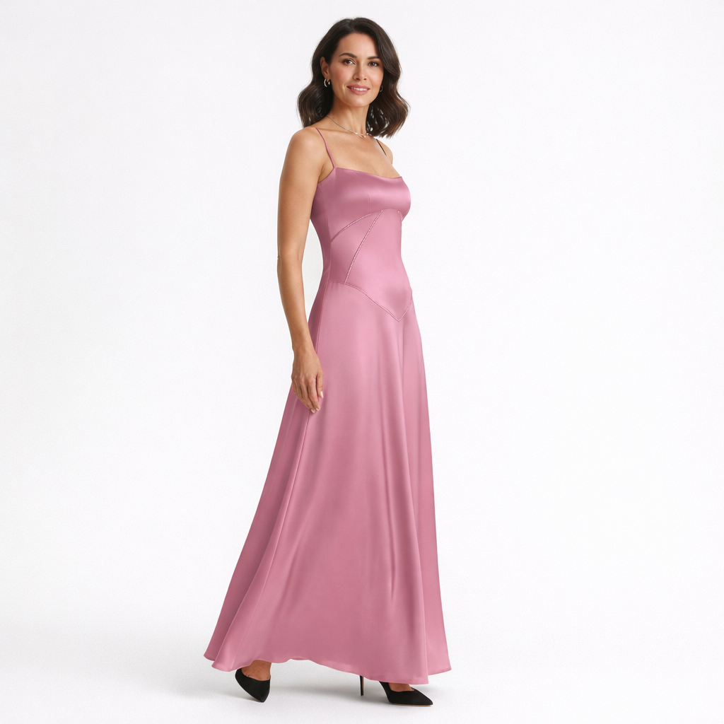 Sukienka maxi elegancka satynowa na ramiączkach rozkloszowana