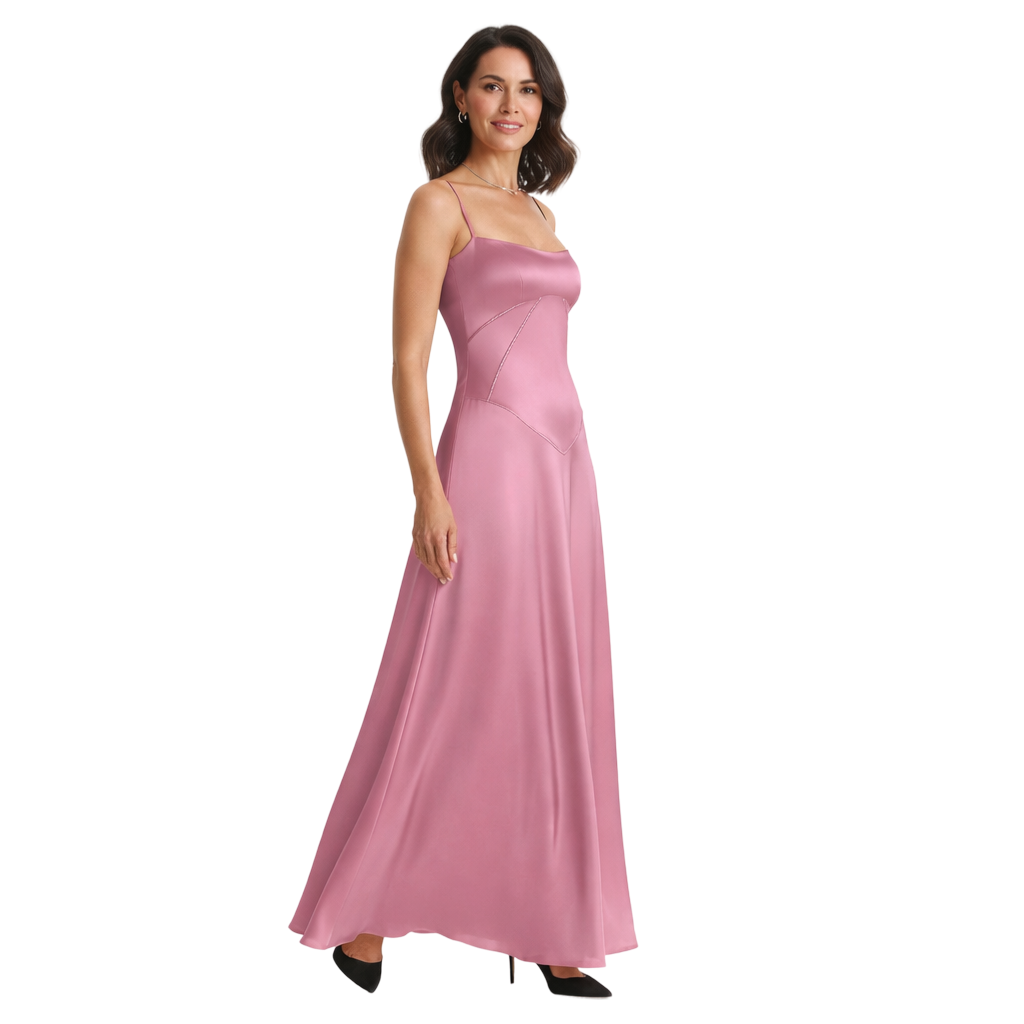 Sukienka maxi elegancka satynowa na ramiączkach rozkloszowana
