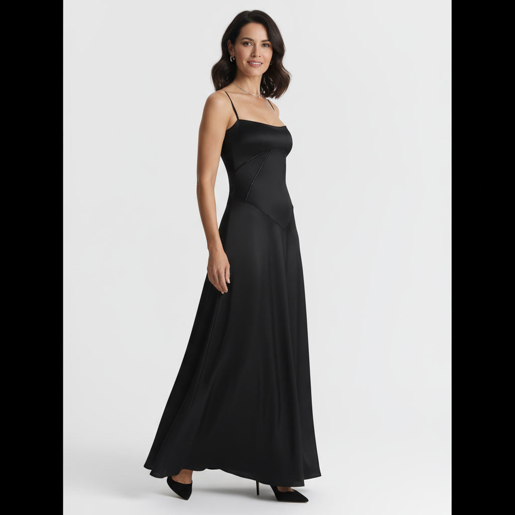 Sukienka maxi elegancka satynowa na ramiączkach rozkloszowana